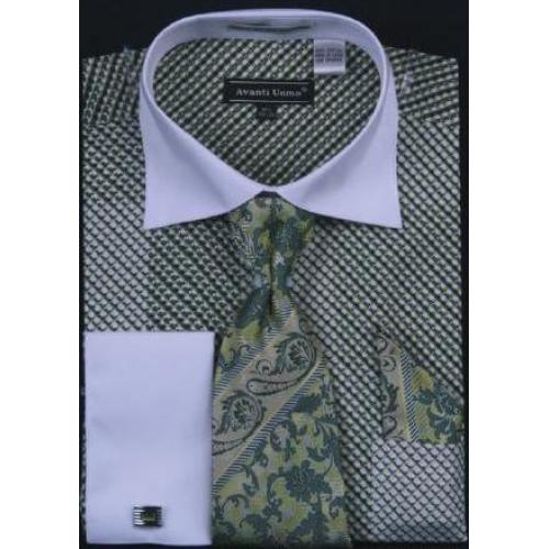 Avanti Uomo Olive Printed Two Tone Design 100% Cotton Shirt / Tie / Hanky Set With Free Cufflinks DN57M